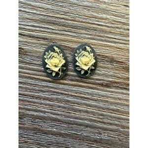 Oval Cameo Earrings‎ Rose Floral Black Resin Vintage Style